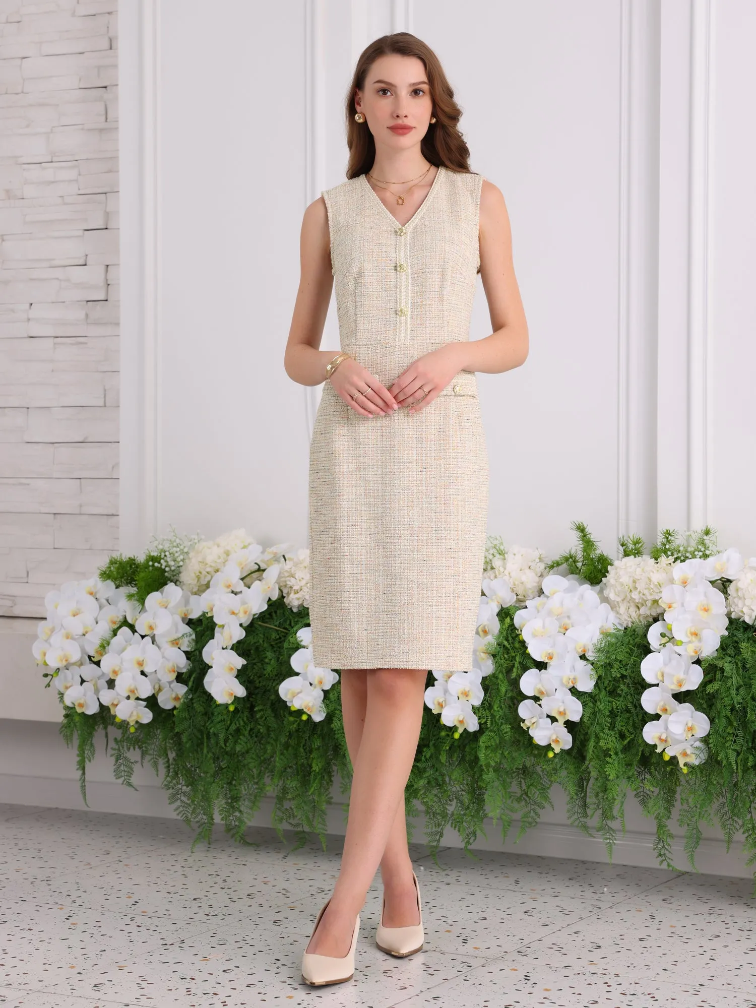 Women's Sleeveless Tweed Dress V Neck Button Decor Work Office Pencil Dresses