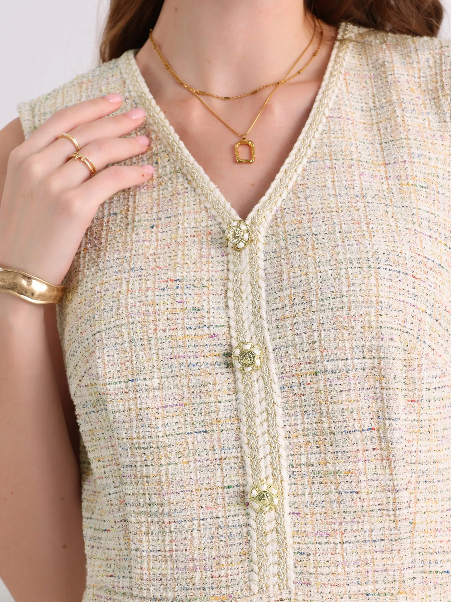 Women's Sleeveless Tweed Dress V Neck Button Decor Work Office Pencil Dresses