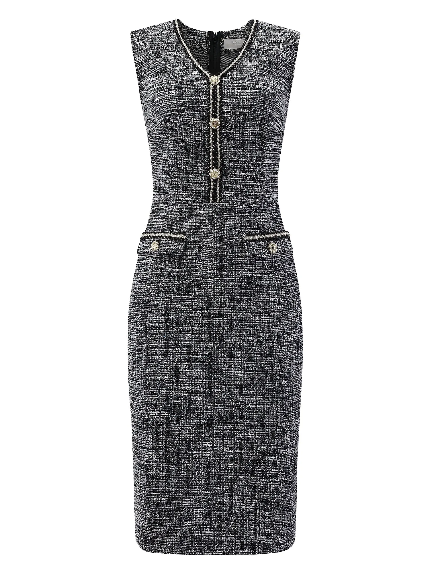 Women's Sleeveless Tweed Dress V Neck Button Decor Work Office Pencil Dresses