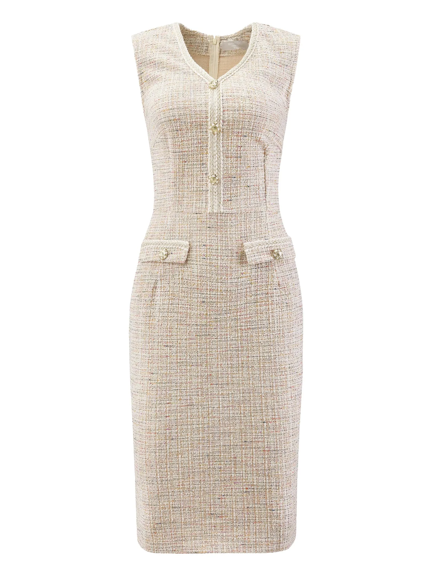 Women's Sleeveless Tweed Dress V Neck Button Decor Work Office Pencil Dresses