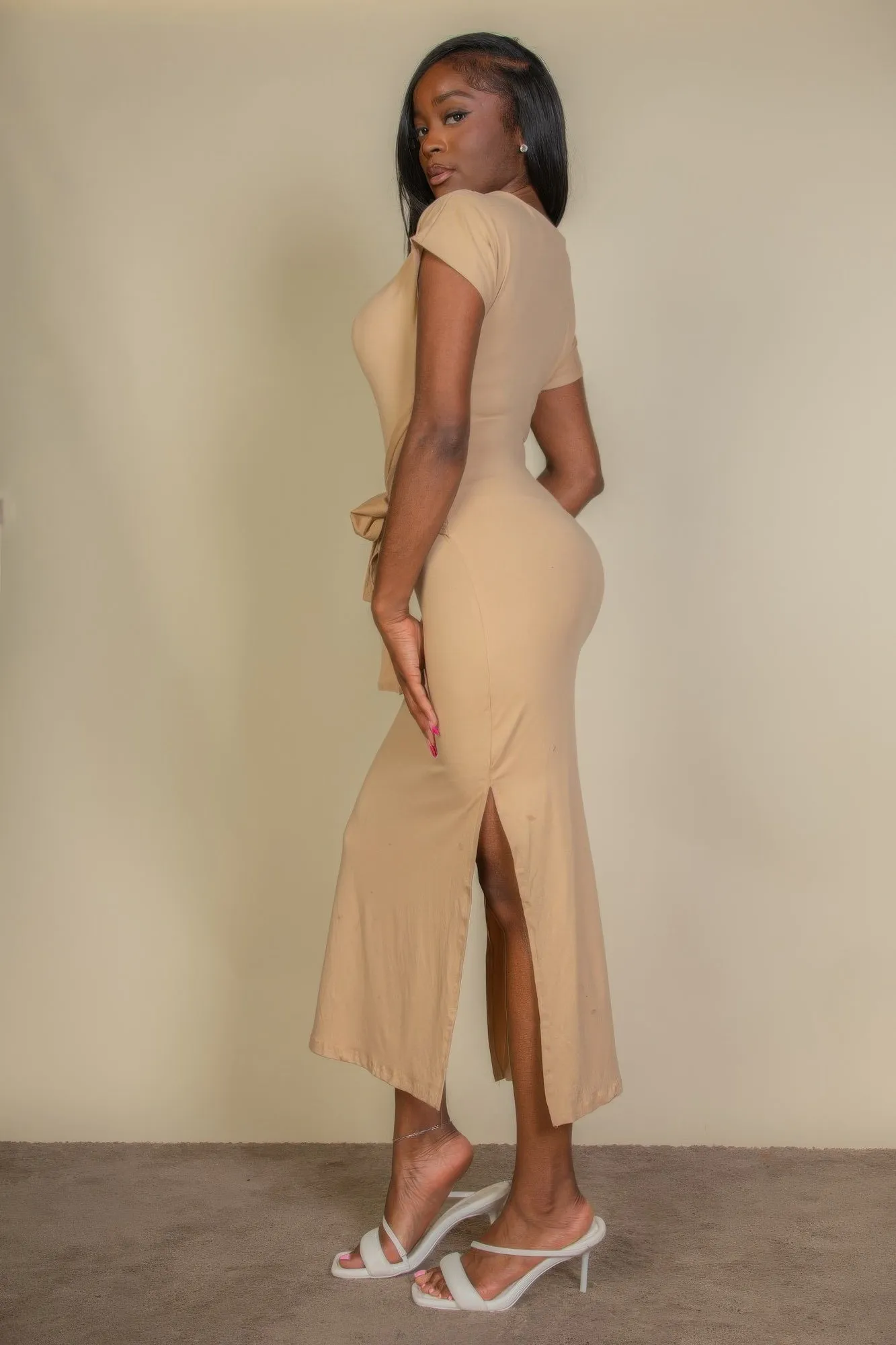 Women's Tie-Front Short Sleeve Maxi Dress with Side Slits