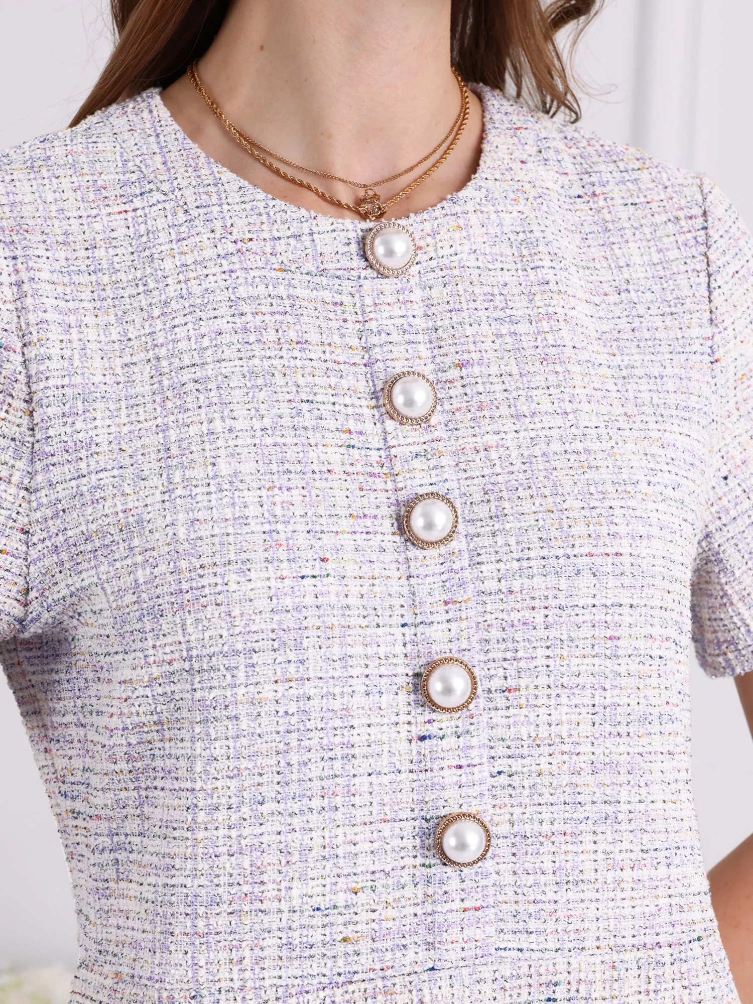 Women's Tweed Button Decor Short Sleeve Elegant Work Sheath Dress