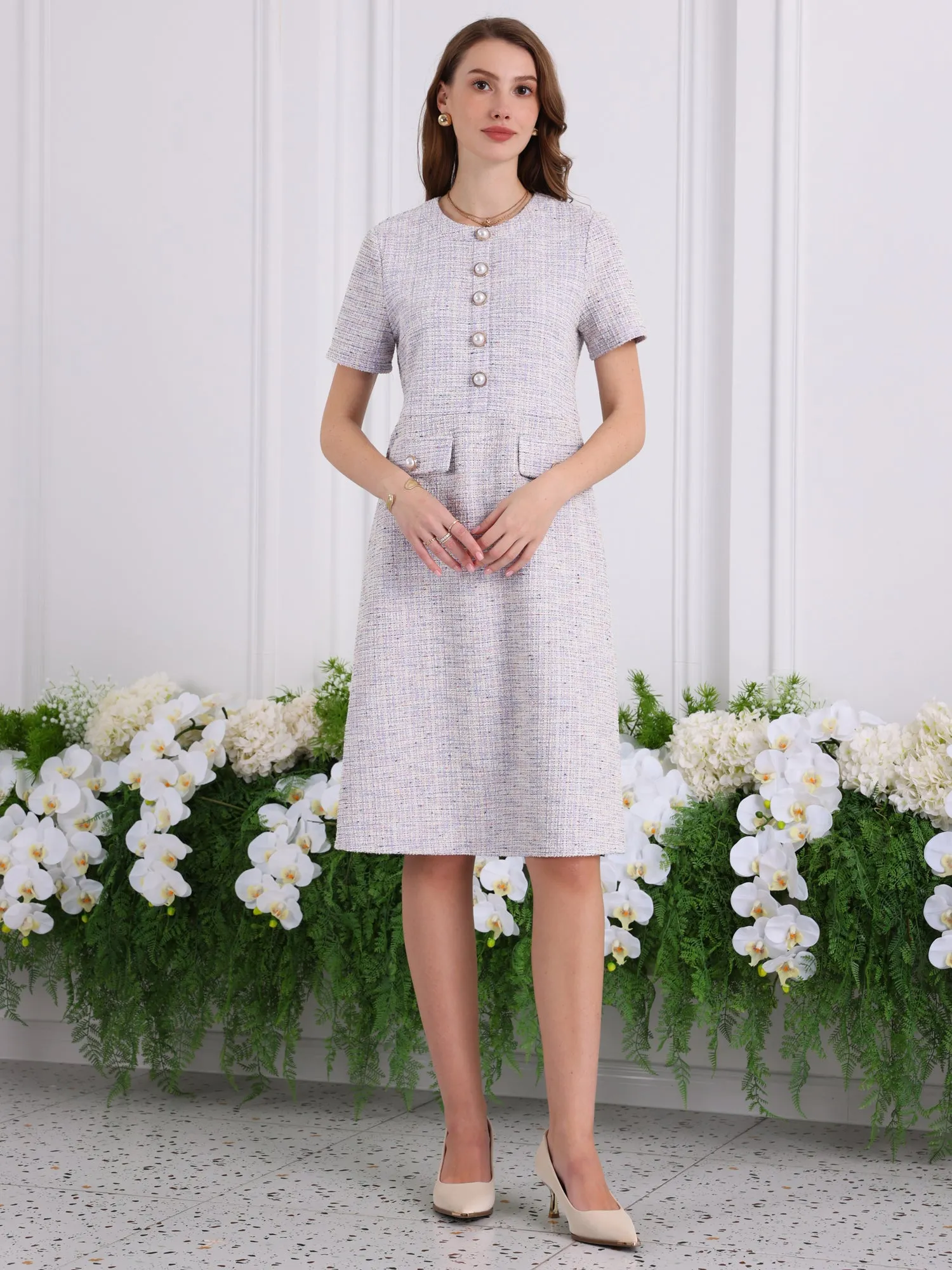 Women's Tweed Button Decor Short Sleeve Elegant Work Sheath Dress