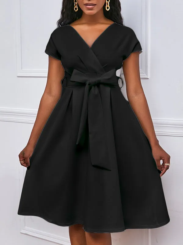 xakxx Bowknot Lace-Up Solid Color V-Neck Midi Dresses