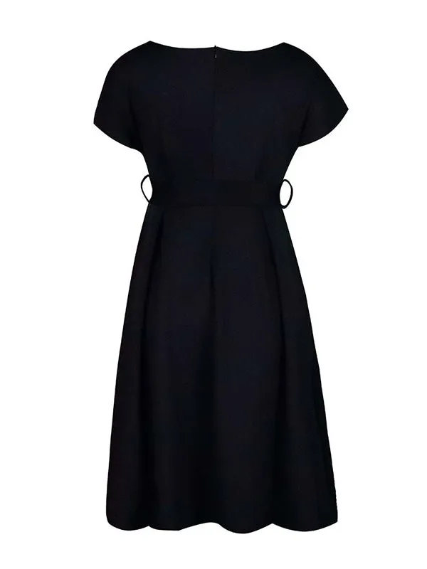 xakxx Bowknot Lace-Up Solid Color V-Neck Midi Dresses