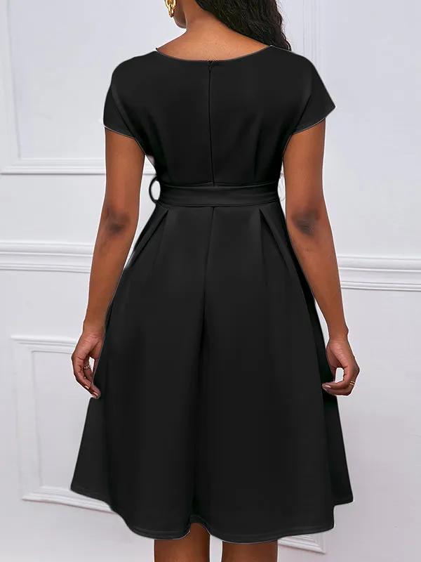 xakxx Bowknot Lace-Up Solid Color V-Neck Midi Dresses