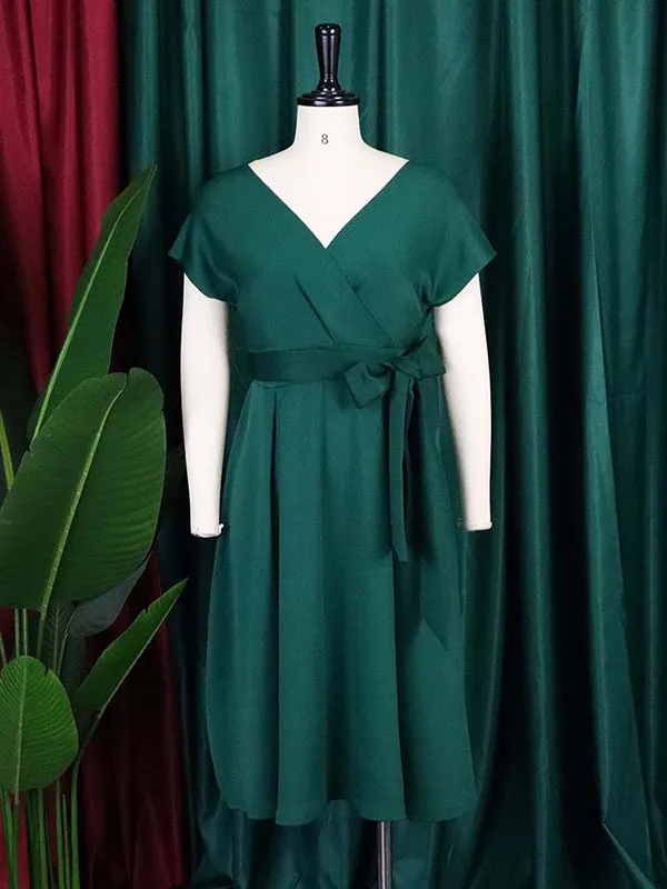xakxx Bowknot Lace-Up Solid Color V-Neck Midi Dresses