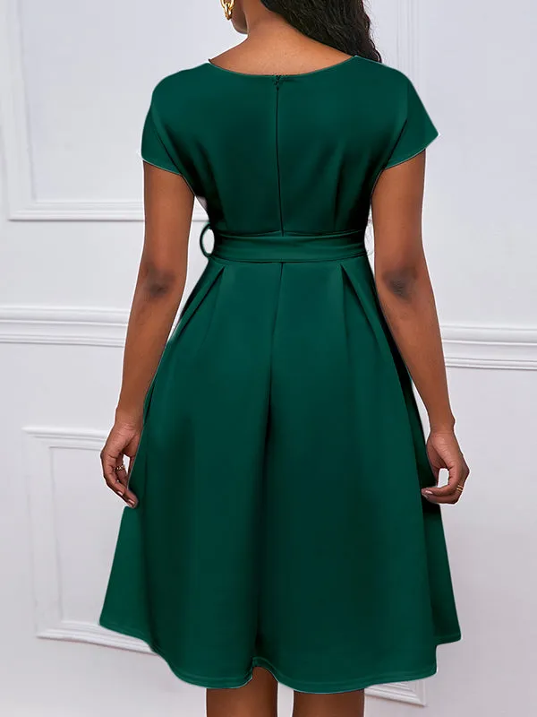 xakxx Bowknot Lace-Up Solid Color V-Neck Midi Dresses