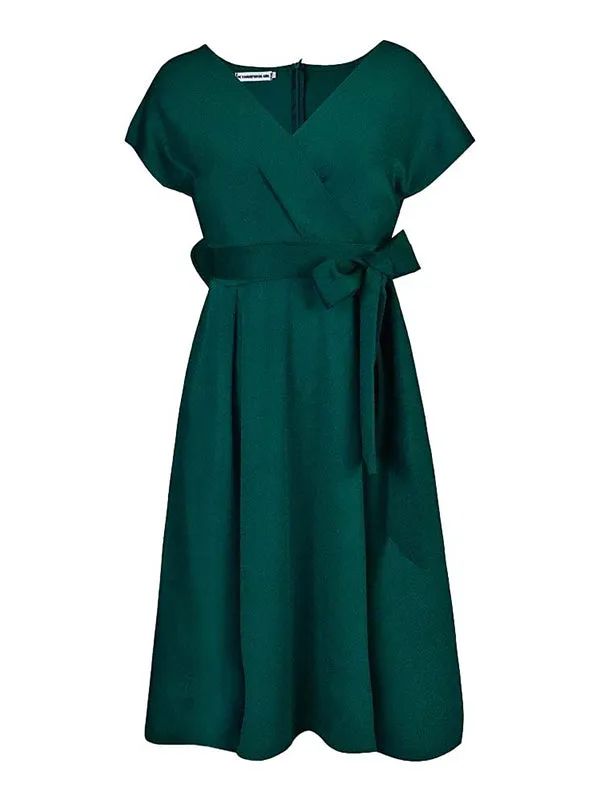 xakxx Bowknot Lace-Up Solid Color V-Neck Midi Dresses