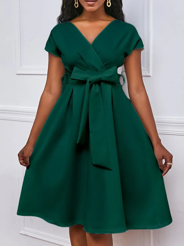 xakxx Bowknot Lace-Up Solid Color V-Neck Midi Dresses