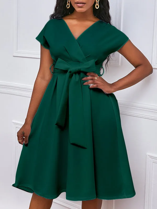 xakxx Bowknot Lace-Up Solid Color V-Neck Midi Dresses