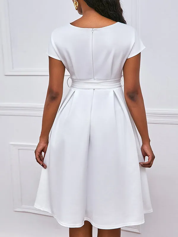 xakxx Bowknot Lace-Up Solid Color V-Neck Midi Dresses