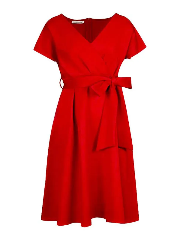 xakxx Bowknot Lace-Up Solid Color V-Neck Midi Dresses
