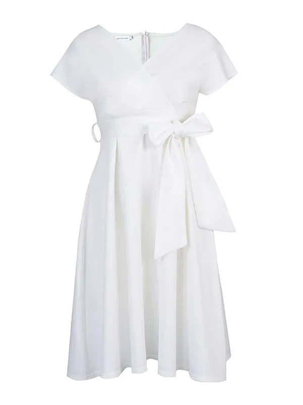 xakxx Bowknot Lace-Up Solid Color V-Neck Midi Dresses
