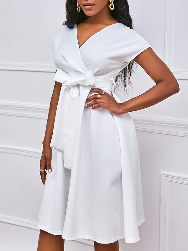 xakxx Bowknot Lace-Up Solid Color V-Neck Midi Dresses