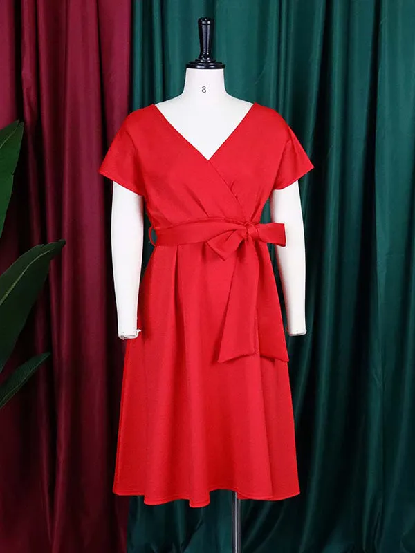 xakxx Bowknot Lace-Up Solid Color V-Neck Midi Dresses