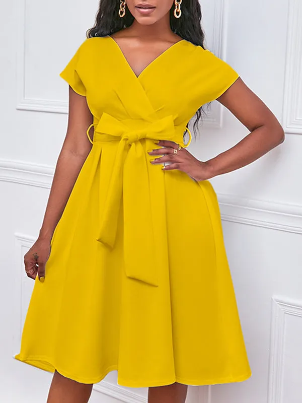 xakxx Bowknot Lace-Up Solid Color V-Neck Midi Dresses