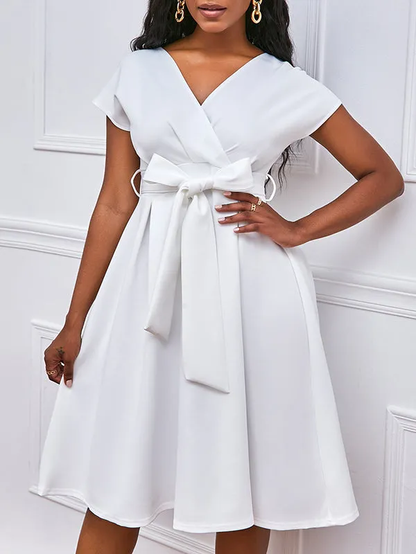 xakxx Bowknot Lace-Up Solid Color V-Neck Midi Dresses