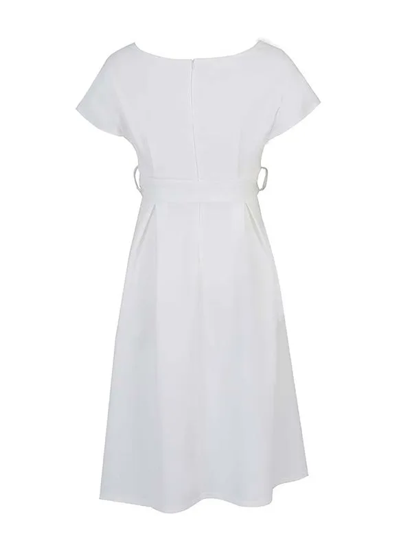 xakxx Bowknot Lace-Up Solid Color V-Neck Midi Dresses