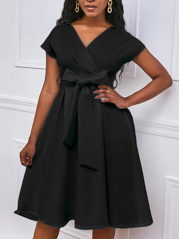 xakxx Bowknot Lace-Up Solid Color V-Neck Midi Dresses