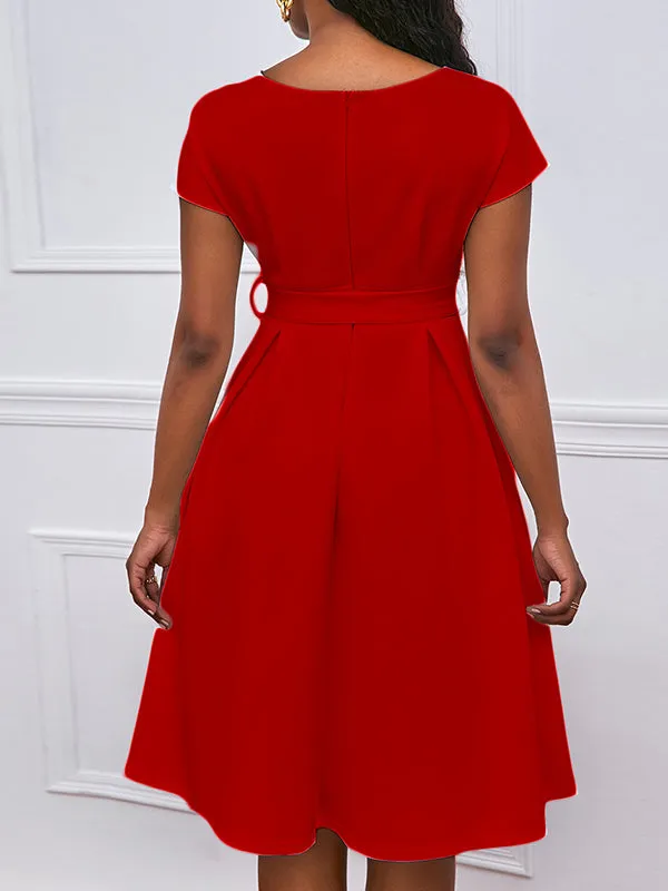 xakxx Bowknot Lace-Up Solid Color V-Neck Midi Dresses