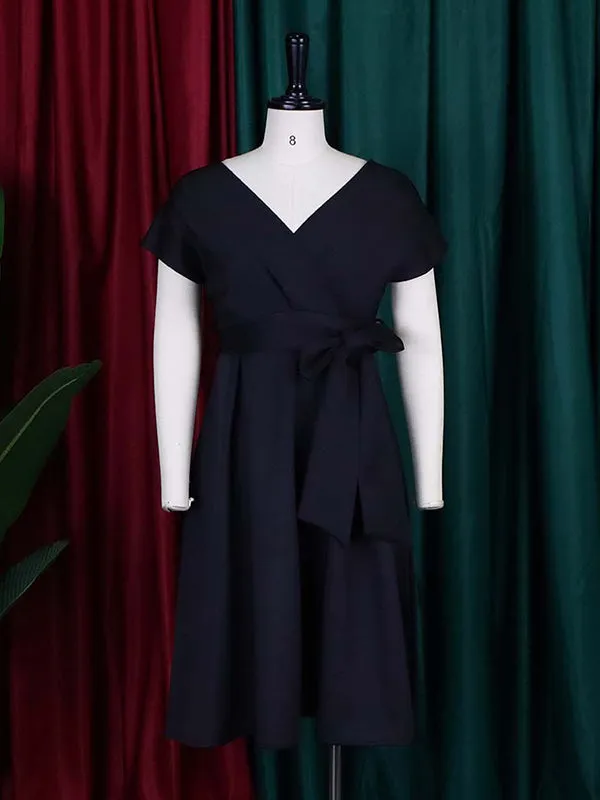 xakxx Bowknot Lace-Up Solid Color V-Neck Midi Dresses