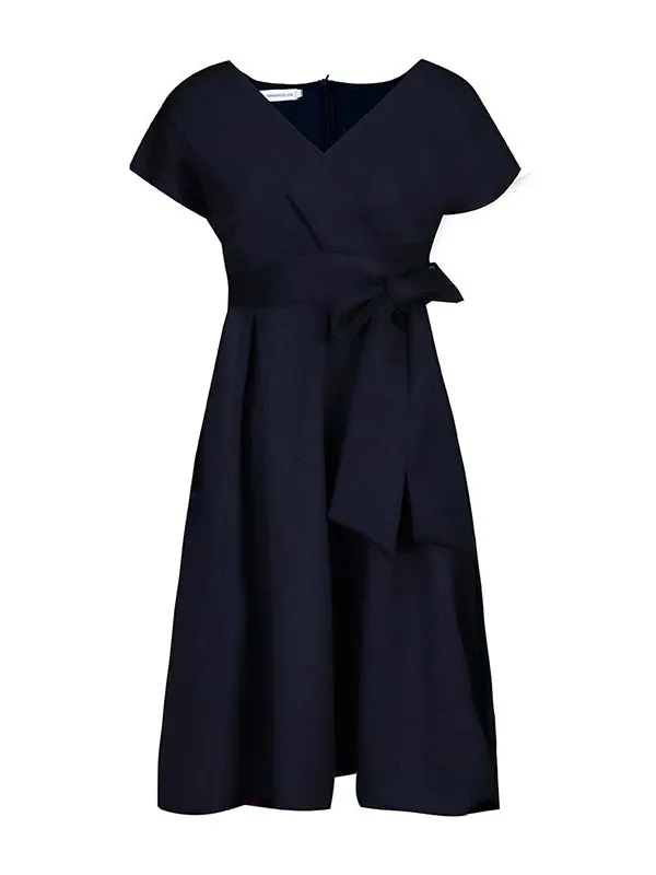 xakxx Bowknot Lace-Up Solid Color V-Neck Midi Dresses