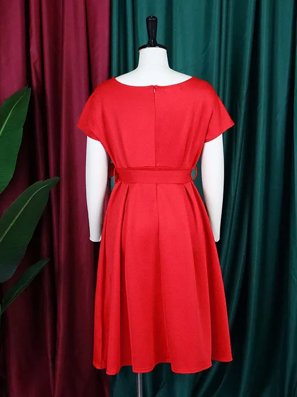 xakxx Bowknot Lace-Up Solid Color V-Neck Midi Dresses