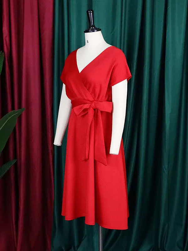 xakxx Bowknot Lace-Up Solid Color V-Neck Midi Dresses