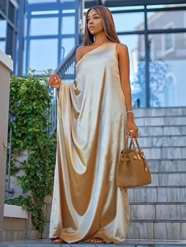 xakxx Casual Loose Asymmetric Solid Color One-Shoulder Maxi Dresses