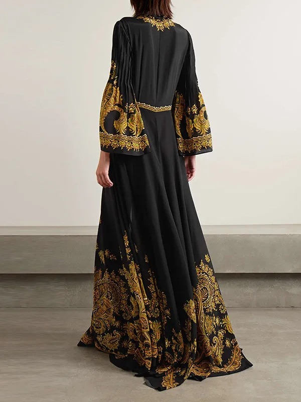 xakxx Flared Sleeves Loose Contrast Color Printed Split-Front Maxi Dresses