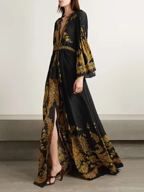 xakxx Flared Sleeves Loose Contrast Color Printed Split-Front Maxi Dresses
