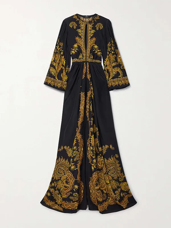xakxx Flared Sleeves Loose Contrast Color Printed Split-Front Maxi Dresses