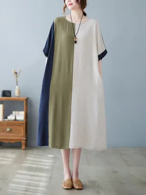 xakxx Half Sleeves Loose Contrast Color Round-Neck Midi Dresses