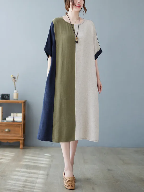 xakxx Half Sleeves Loose Contrast Color Round-Neck Midi Dresses