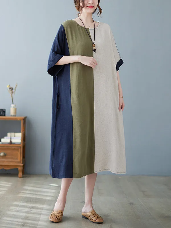 xakxx Half Sleeves Loose Contrast Color Round-Neck Midi Dresses