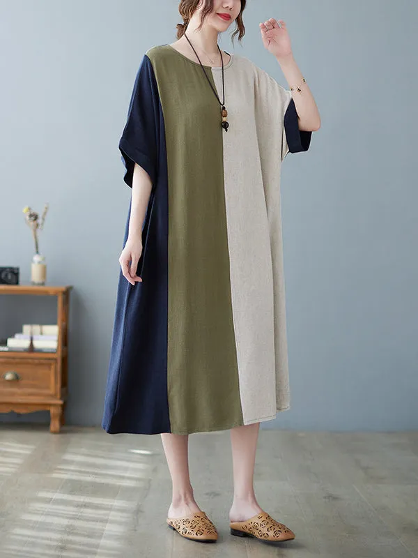 xakxx Half Sleeves Loose Contrast Color Round-Neck Midi Dresses