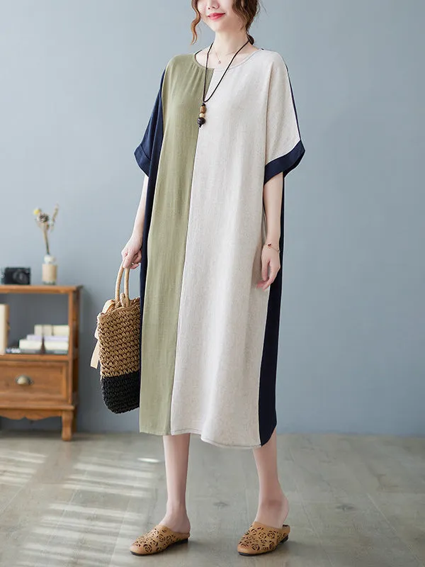 xakxx Half Sleeves Loose Contrast Color Round-Neck Midi Dresses