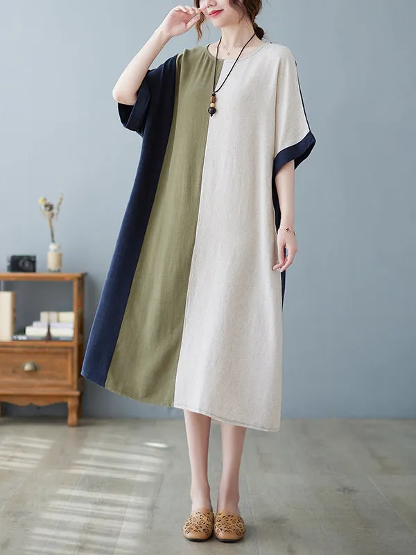 xakxx Half Sleeves Loose Contrast Color Round-Neck Midi Dresses