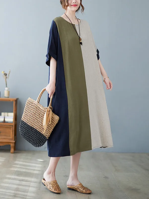 xakxx Half Sleeves Loose Contrast Color Round-Neck Midi Dresses