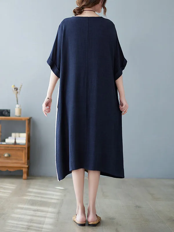 xakxx Half Sleeves Loose Contrast Color Round-Neck Midi Dresses