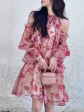 xakxx Loose Puff Sleeves Floral Printed Lace-Up Tiered Cold Shoulder Mini Dresses