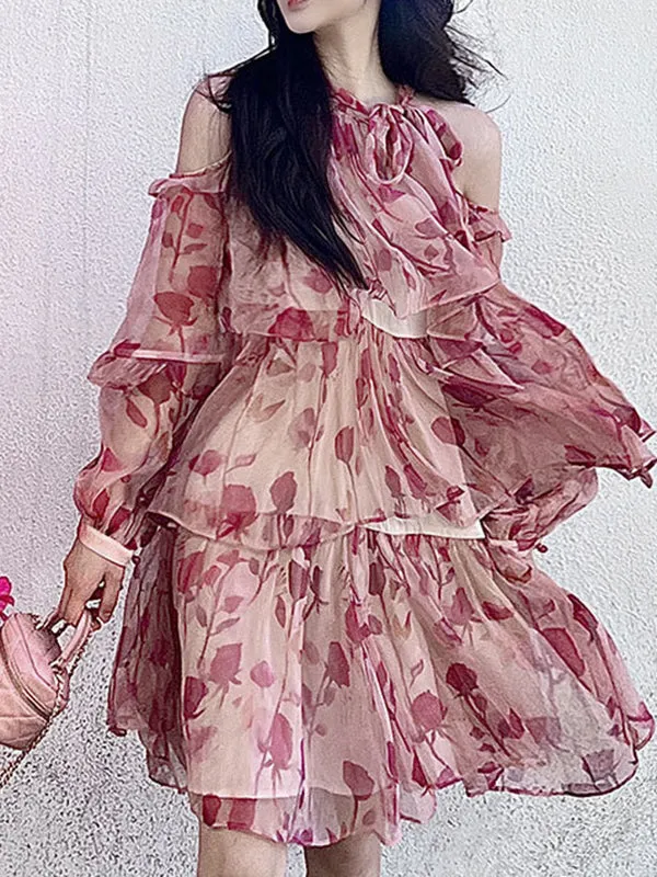 xakxx Loose Puff Sleeves Floral Printed Lace-Up Tiered Cold Shoulder Mini Dresses