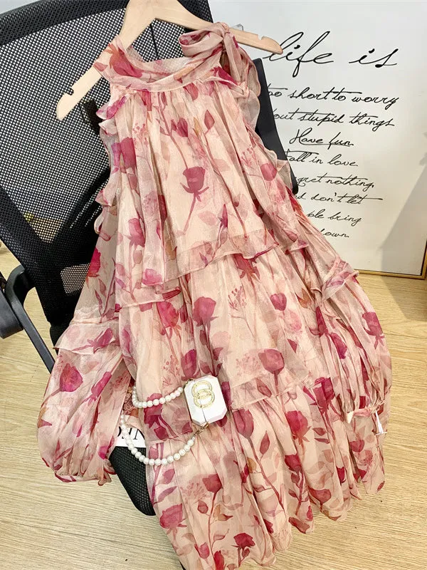 xakxx Loose Puff Sleeves Floral Printed Lace-Up Tiered Cold Shoulder Mini Dresses