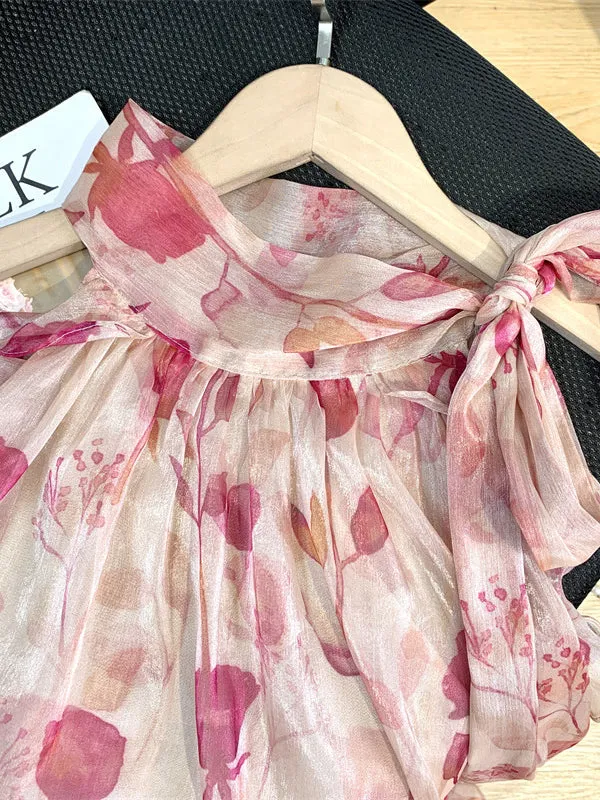 xakxx Loose Puff Sleeves Floral Printed Lace-Up Tiered Cold Shoulder Mini Dresses