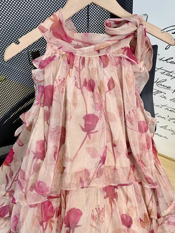 xakxx Loose Puff Sleeves Floral Printed Lace-Up Tiered Cold Shoulder Mini Dresses