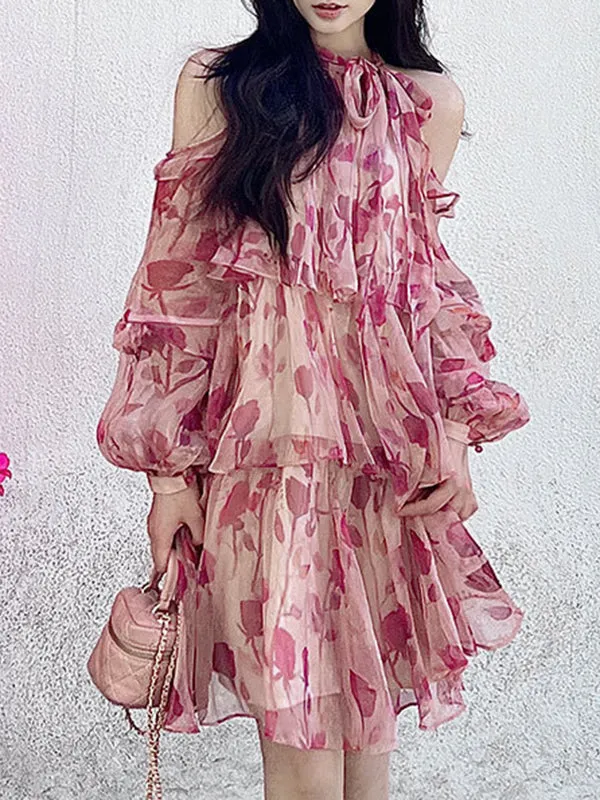 xakxx Loose Puff Sleeves Floral Printed Lace-Up Tiered Cold Shoulder Mini Dresses