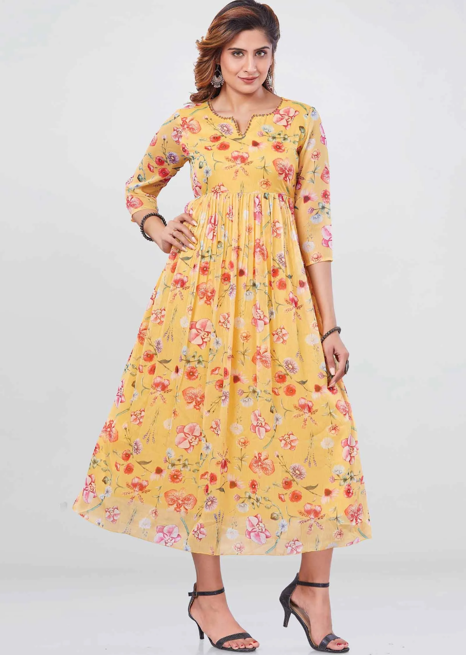 Yellow Chiffon Printed Frock Style Kurti