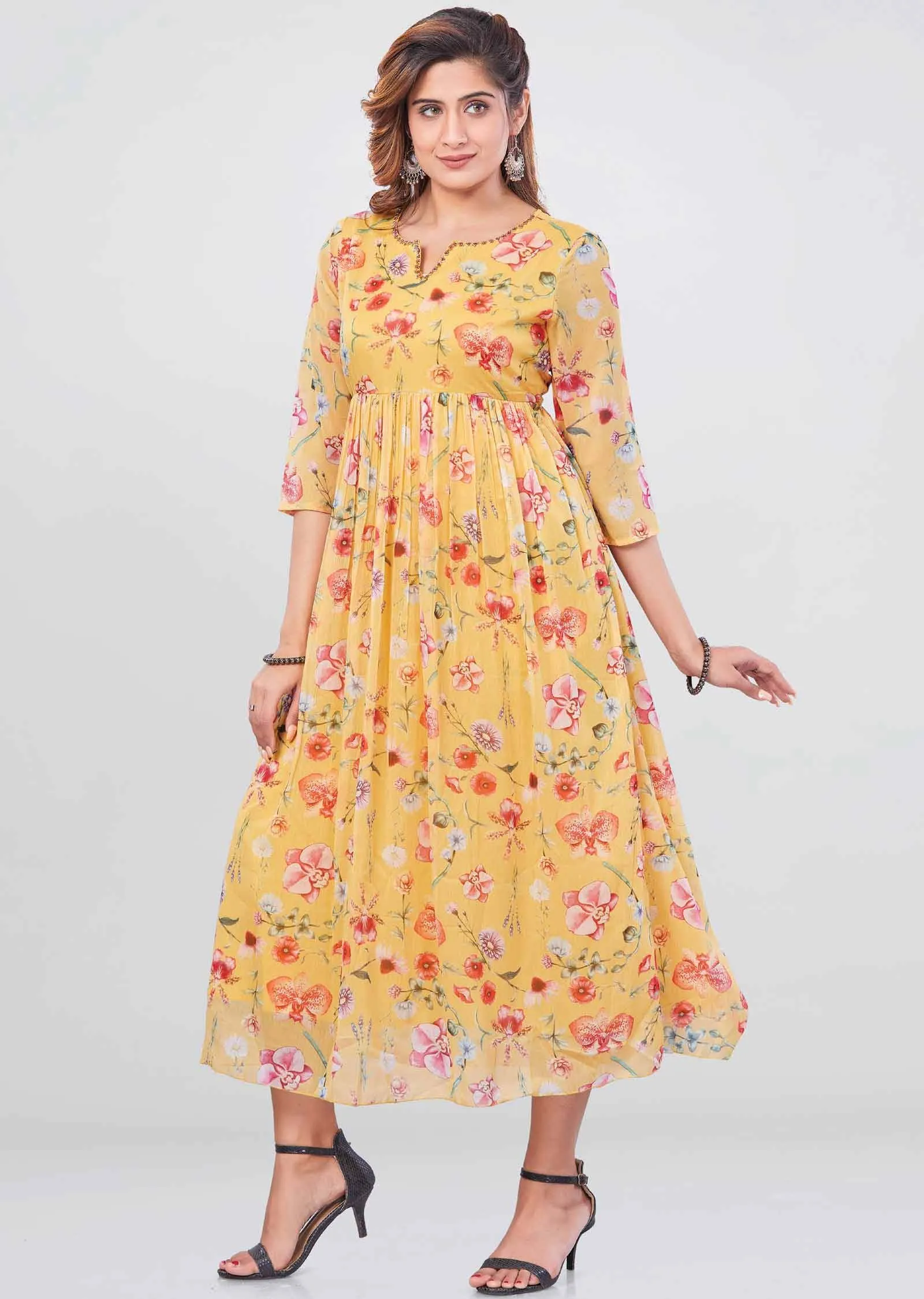 Yellow Chiffon Printed Frock Style Kurti