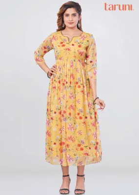 Yellow Chiffon Printed Frock Style Kurti